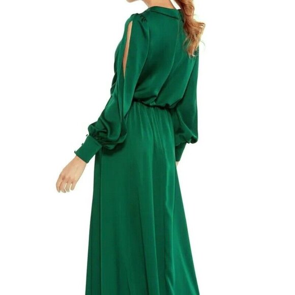 Mac Duggal Deep Emerald Green Split Long Sleeve Faux Wrap Satin Gown - Picture 3 of 4